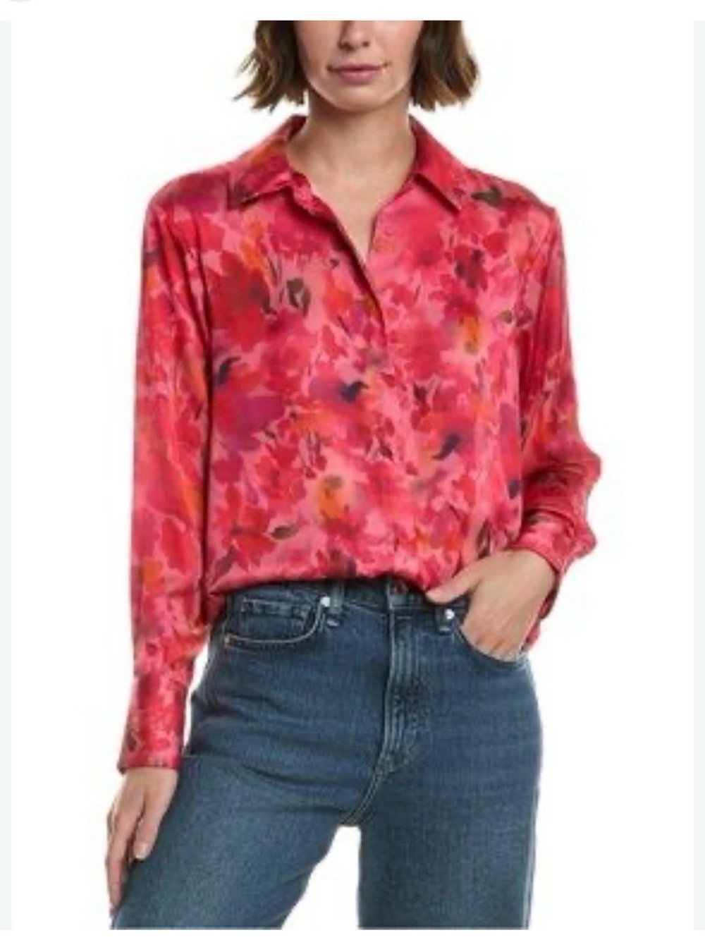Zara Women's Pink Floral Satin Button-Front Blouse